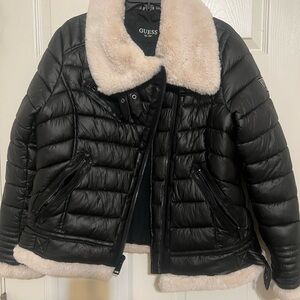 GUESS Women's Black Puffer Jacket with Cream Accents